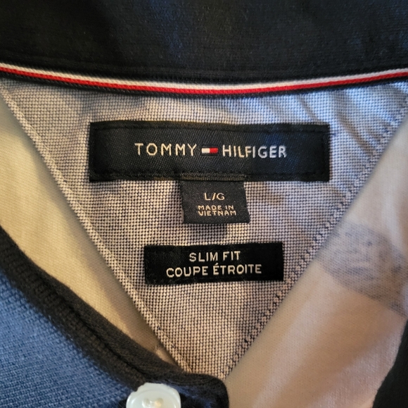 Tommy Hilfiger Slim Fit Coupe Etroite Blue/White Polo Size L - Picture 5 of 7